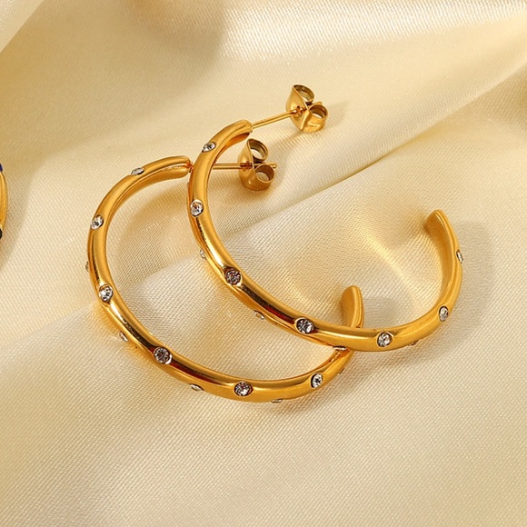 18k Gold Stainless Steel Anti-Tarnish Luxury Hoop Earrings w/ CZ Crystal Inlay - Picture 3 of 14